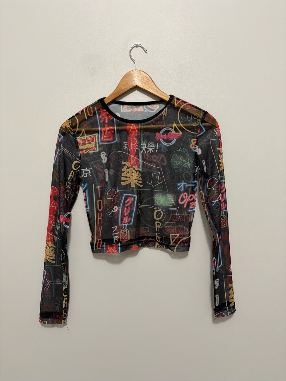 Neon Tokyo Japan Long-Sleeve Mesh Crop Top